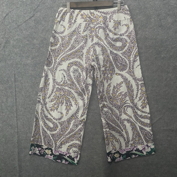 Tahari‎ Linen Wide Leg Crop Pants Womens Sz M White Pink Paisley Floral - Picture 2 of 8